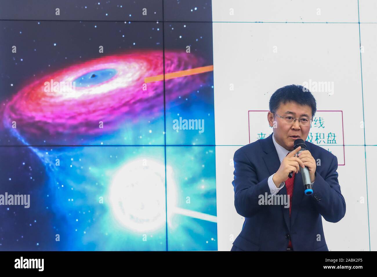 Beijing, China. 27th Nov, 2019. Liu Jifeng, deputy director-general of the National Astronomical Observatory of the Chinese Academy of Sciences (NAOC) and the first author of the study, speaks during a press conference of the black hole LB-1 discovered with the Large Sky Area Multi-Object Fibre Spectroscopy Telescope (LAMOST), in Beijing, capital of China, Nov. 27, 2019. Credit: Xinhua/Alamy Live News Stock Photo