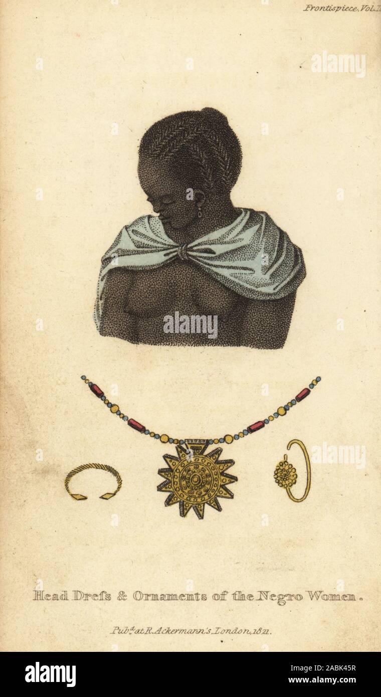 Woman’s braided hairstyle and jewelry, Senegambia, 18th century. Headress and ornaments of the negro women. Coiffure des negresses. After Rene Claude Geoffroy de Villeneuve’s L’Afrique, Paris, 1814. Handcoloured stipple copperplate engraving from Frederic Shoberl’s The World in Miniature: Africa, A description of the manners and customs Moors of the Sahara and of the Negro Nations, R. Ackermann, England, 1821. Stock Photo