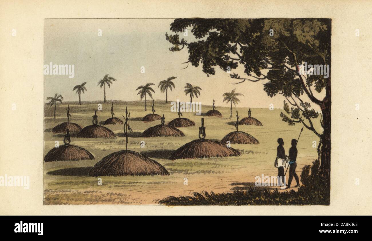 Cemetery of the Serer people, Senegambia, 18th century. The grave mounds are marked with bows and arrows. After Rene Claude Geoffroy de Villeneuve’s L’Afrique, Paris, 1814. Handcoloured stipple copperplate engraving from Frederic Shoberl’s The World in Miniature: Africa, A description of the manners and customs Moors of the Sahara and of the Negro Nations, R. Ackermann, England, 1821. Stock Photo
