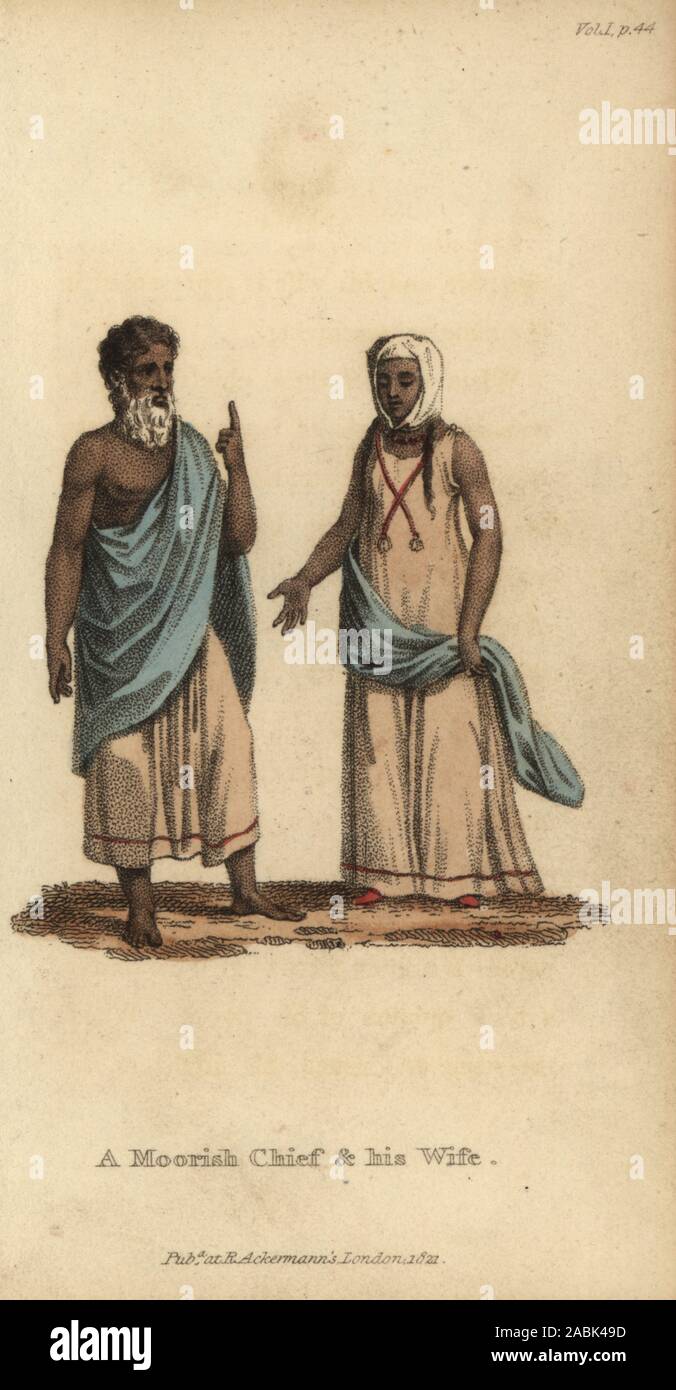 Costume of a nomadic Islamic chief and wife, Senegambia, 18th century. A Moorish chief and his wife. After Rene Claude Geoffroy de Villeneuve’s L’Afrique, Paris, 1814. Handcoloured stipple copperplate engraving from Frederic Shoberl’s The World in Miniature: Africa, A description of the manners and customs Moors of the Sahara and of the Negro Nations, R. Ackermann, England, 1821. Stock Photo