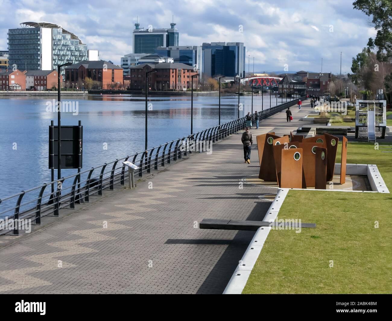 View from Trafford Wharf over Manchester Ship Canal towards Merchant's Quay, Salford Quays, Manchester, England, UK Stock Photo