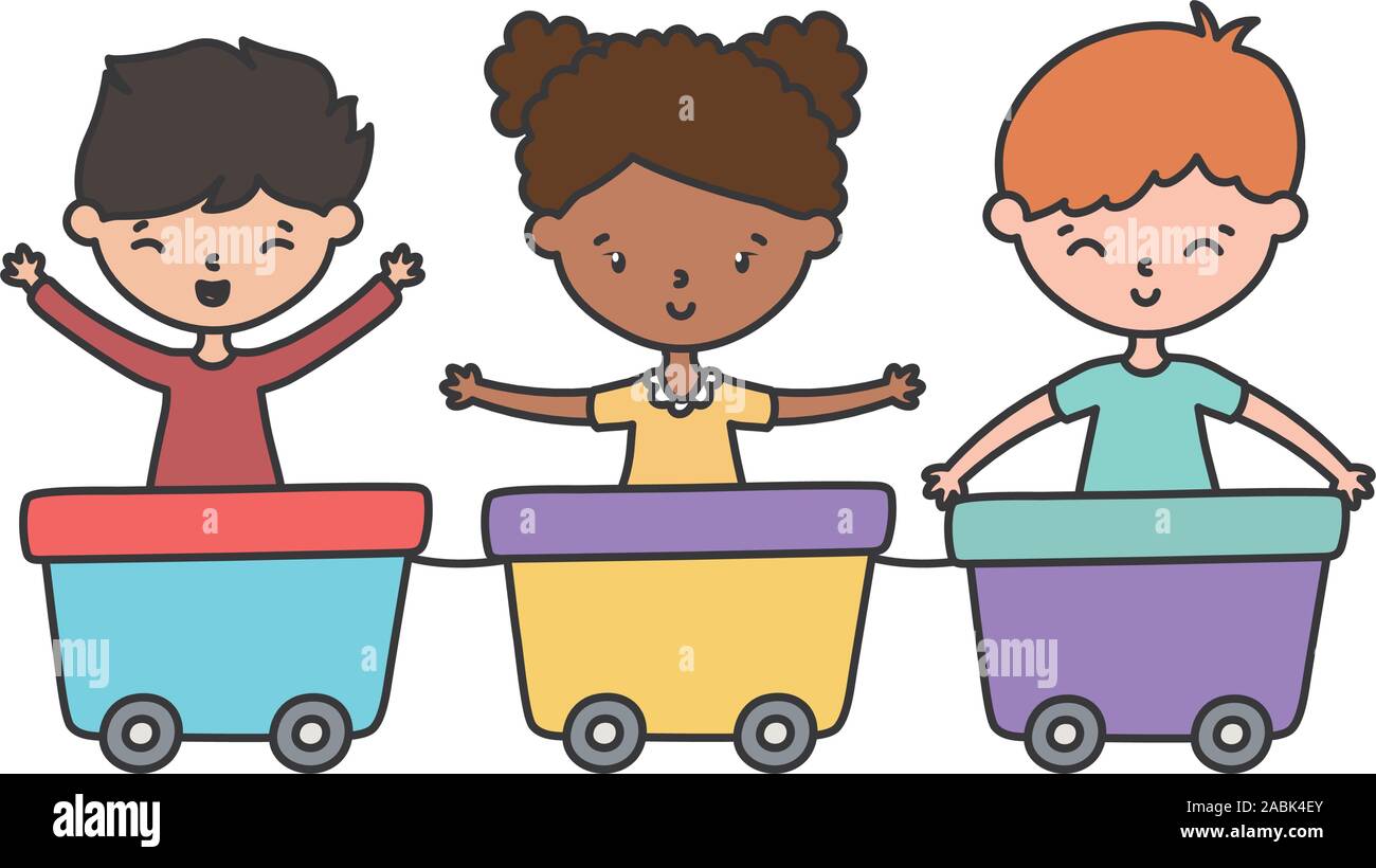happy little kids playing with wagon train vector illustration Stock