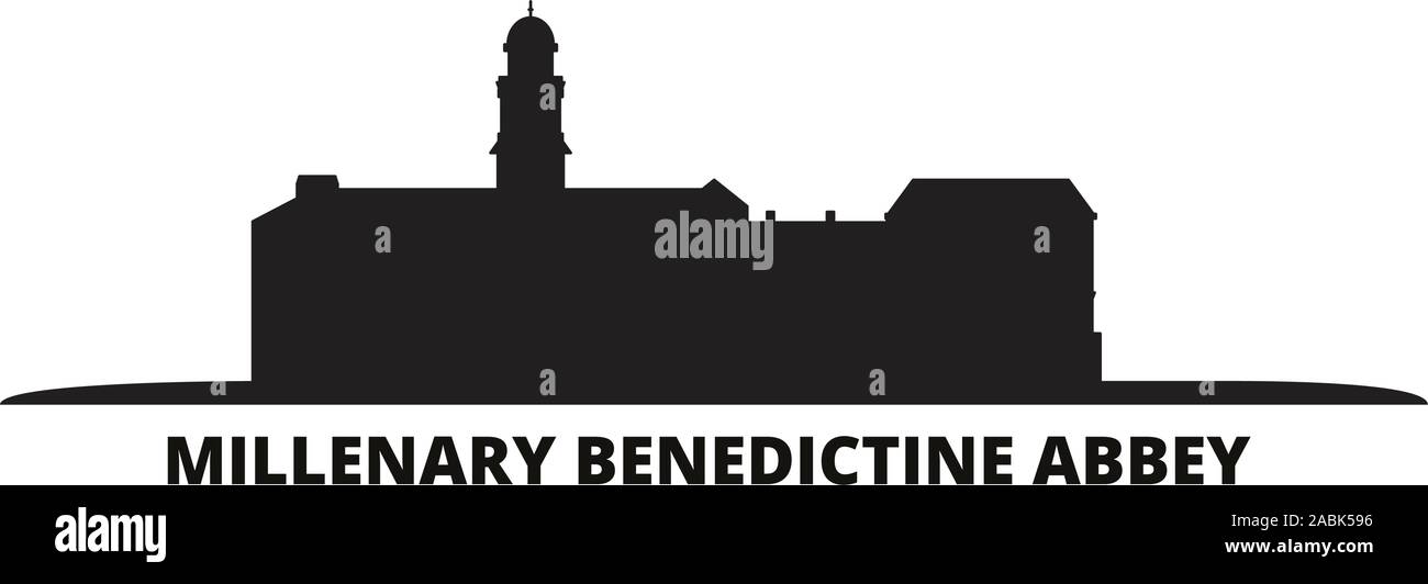 Hungary, Millenary Benedictine Abbey city skyline isolated vector illustration. Hungary, Millenary Benedictine Abbey travel cityscape with landmarks Stock Vector