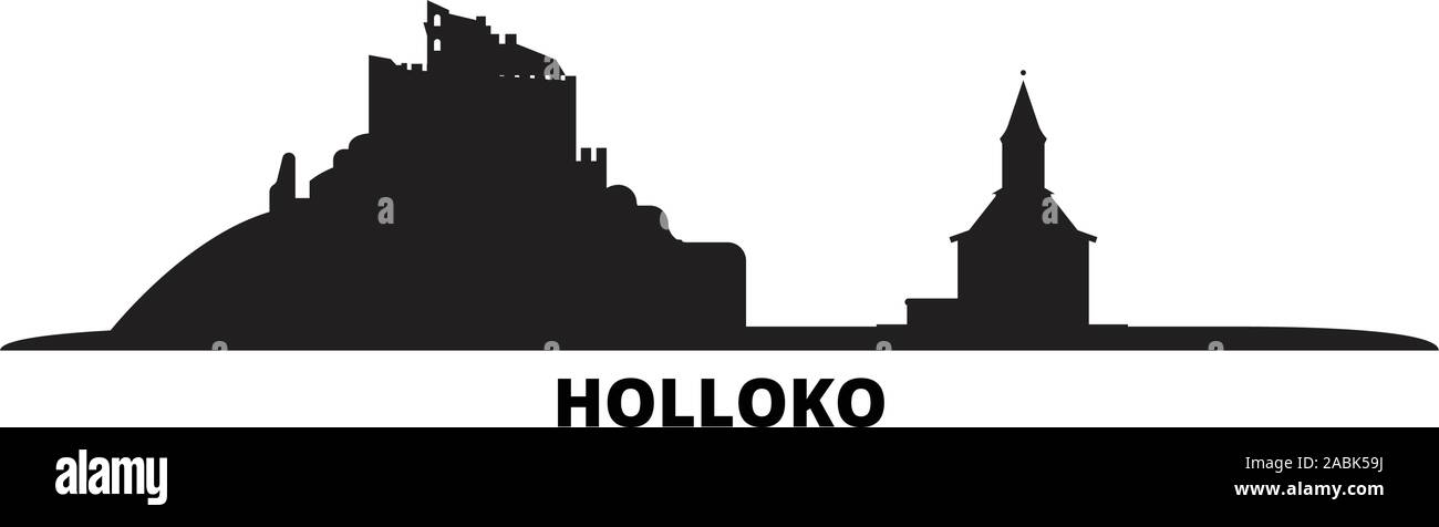 Hungary, Holloko, Old Village city skyline isolated vector illustration. Hungary, Holloko, Old Village travel cityscape with landmarks Stock Vector