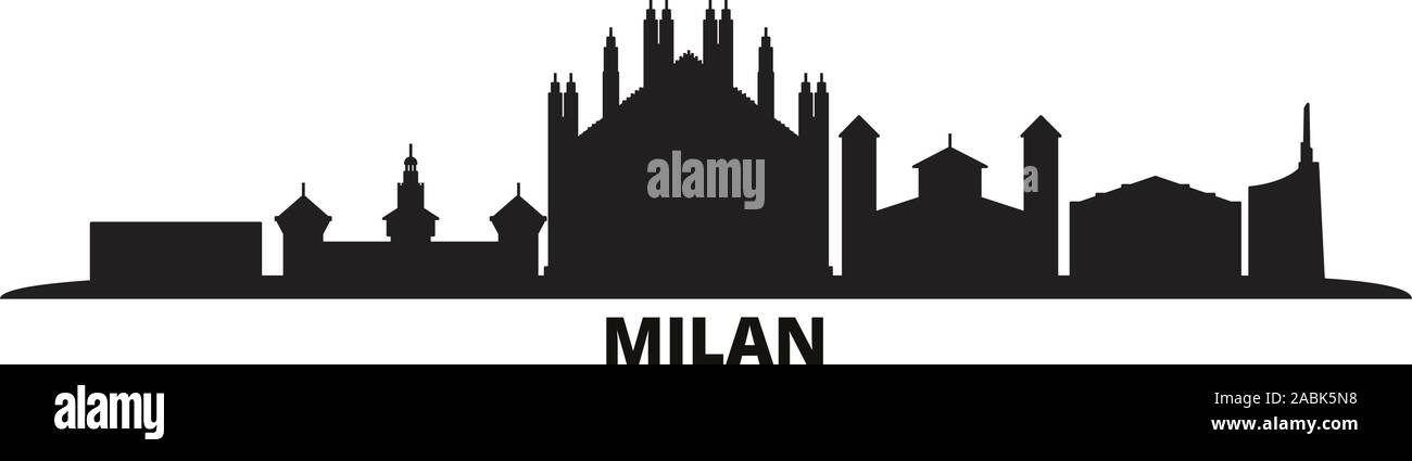Italy, Milan city skyline isolated vector illustration. Italy, Milan travel cityscape with landmarks Stock Vector