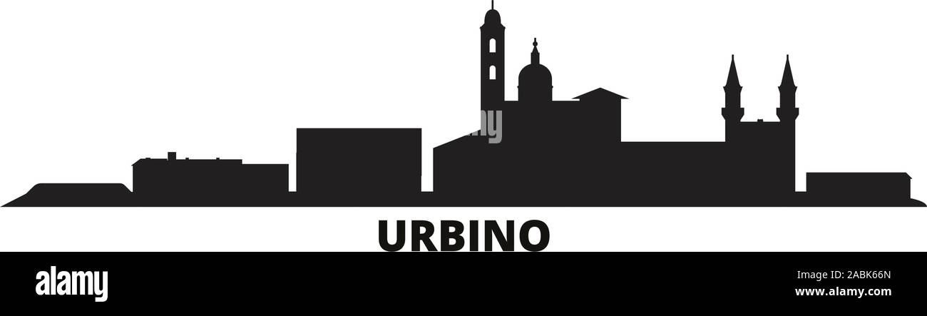 Italy, Urbino city skyline isolated vector illustration. Italy, Urbino travel cityscape with landmarks Stock Vector