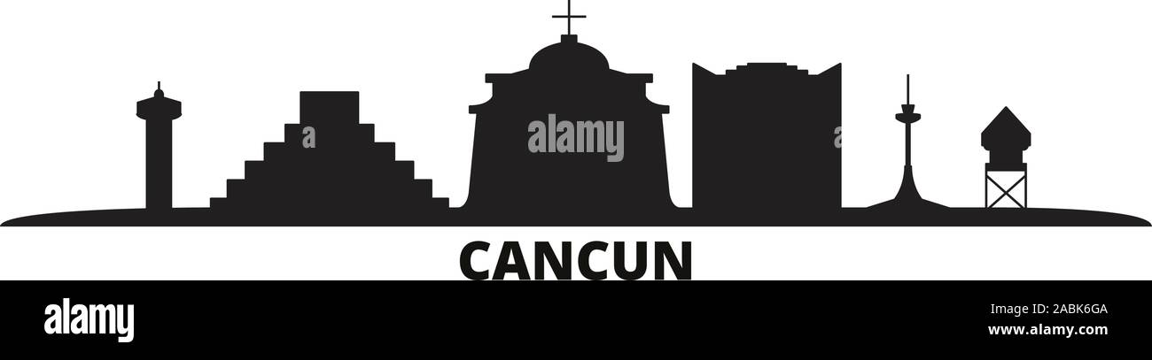 Mexico, Cancun city skyline isolated vector illustration. Mexico, Cancun travel cityscape with landmarks Stock Vector