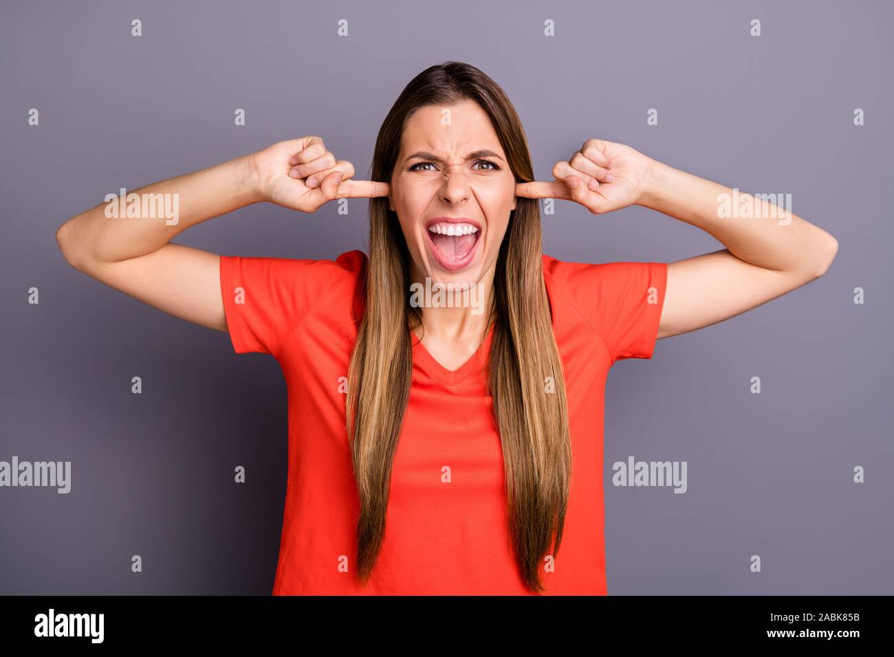 Portrait of outraged girl have scandal with boyfriend dont want listen