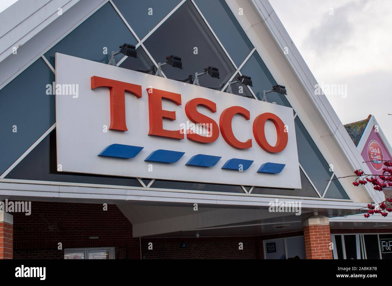 Littlehampton, West Sussex, UK, November 27, 2019, Tesco PLC supermarket is a British multinational groceries and general merchandise retailer. Stock Photo