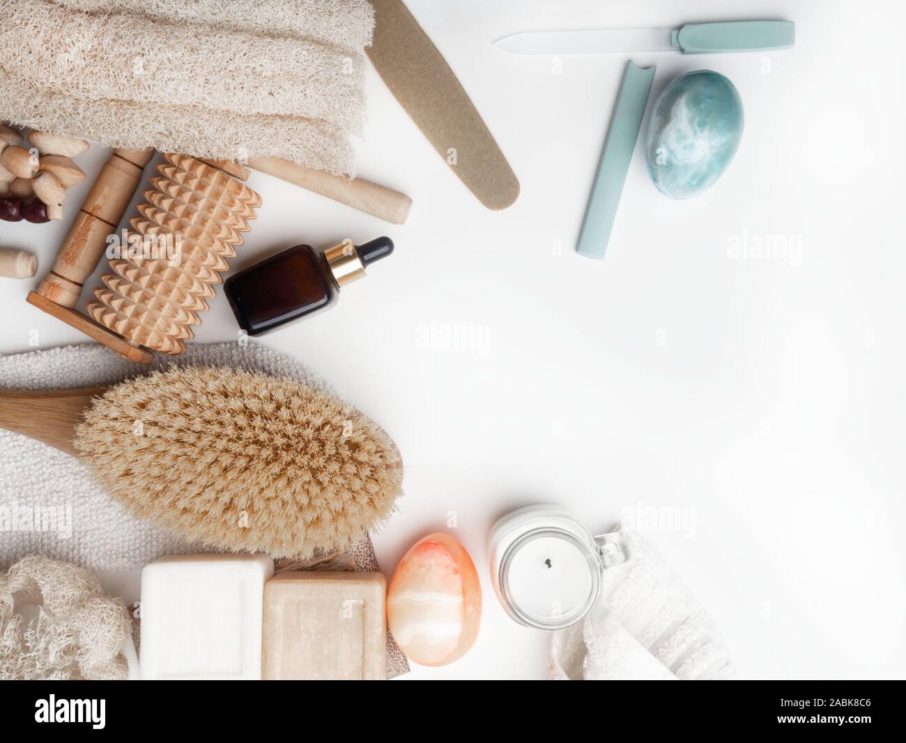 Zero waste concept. Ecofriendly bath set. Brushes, soap, serum, towel