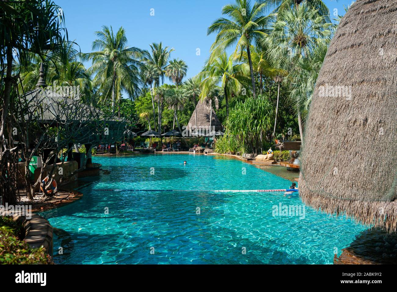 16.11.2019, Phuket, Thailand, Asia - Palm trees at the hotel pool of the Moevenpick Resort and Spa Karon Beach Phuket. Stock Photo