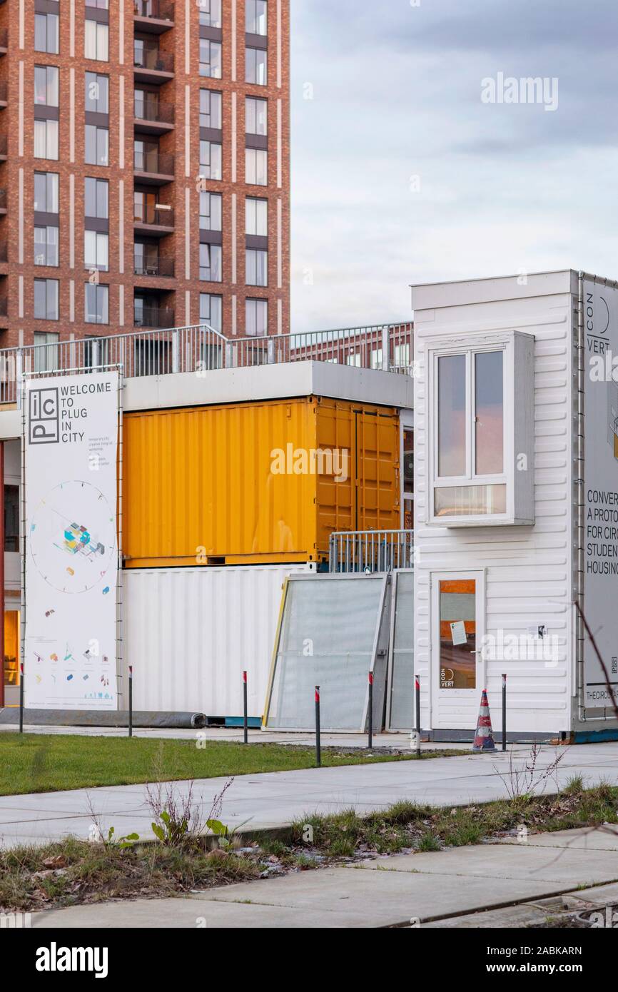 Strijp S Eindhoven, the Netherlands, March 4th 2019. Creative container city selfbuilt with shipping containers Plug-in City building. Circular econom Stock Photo