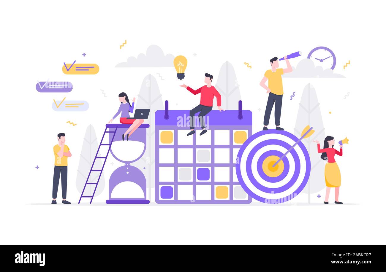 Tiny people characters working together with calendar schedule and fill