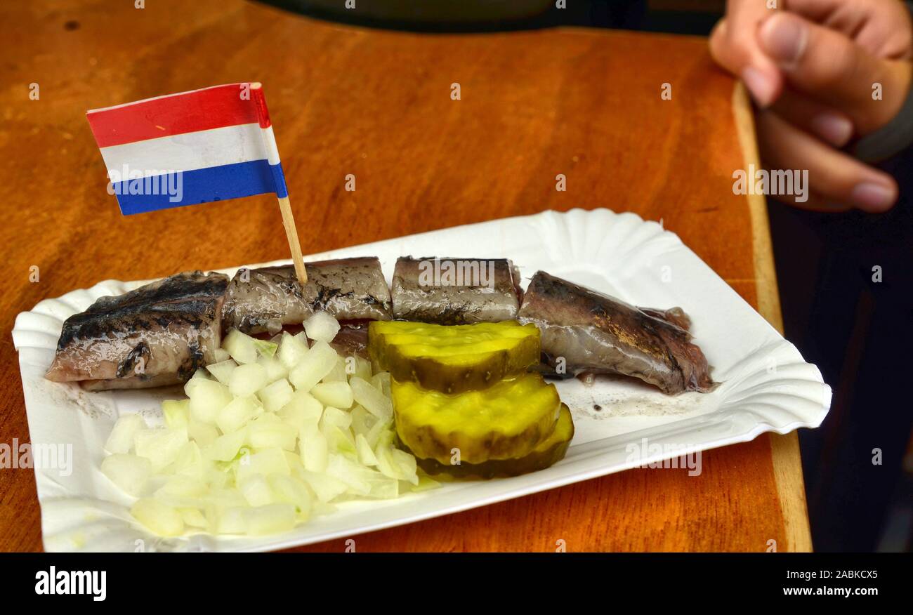 Amsterdam, Netherlands. August 2019. The herring sandwich is a delicacy