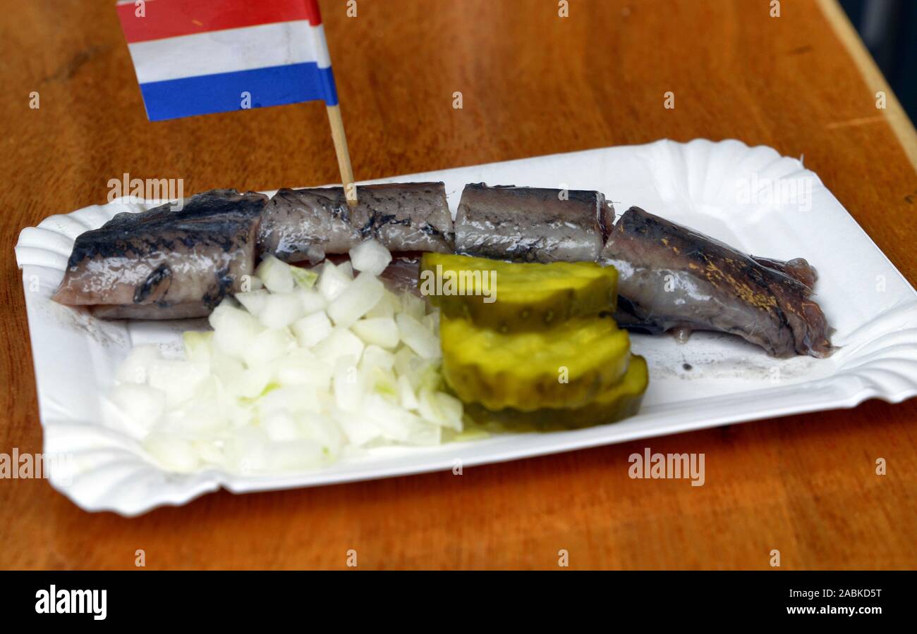 Amsterdam, Netherlands. August 2019. The herring sandwich is a delicacy