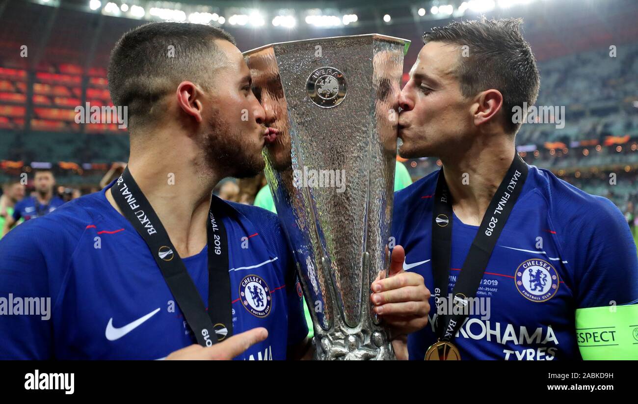 Chelsea S Eden Hazard Left And Cesar Azpilicueta Following The Uefa Europa League Final At The Olympic Stadium Baku Azerbaijan Stock Photo Alamy