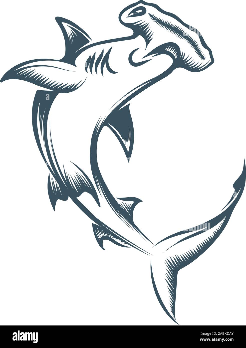 Hammerhead Shark Tattoo drawn in Engraving style. Vector illustration. Stock Vector