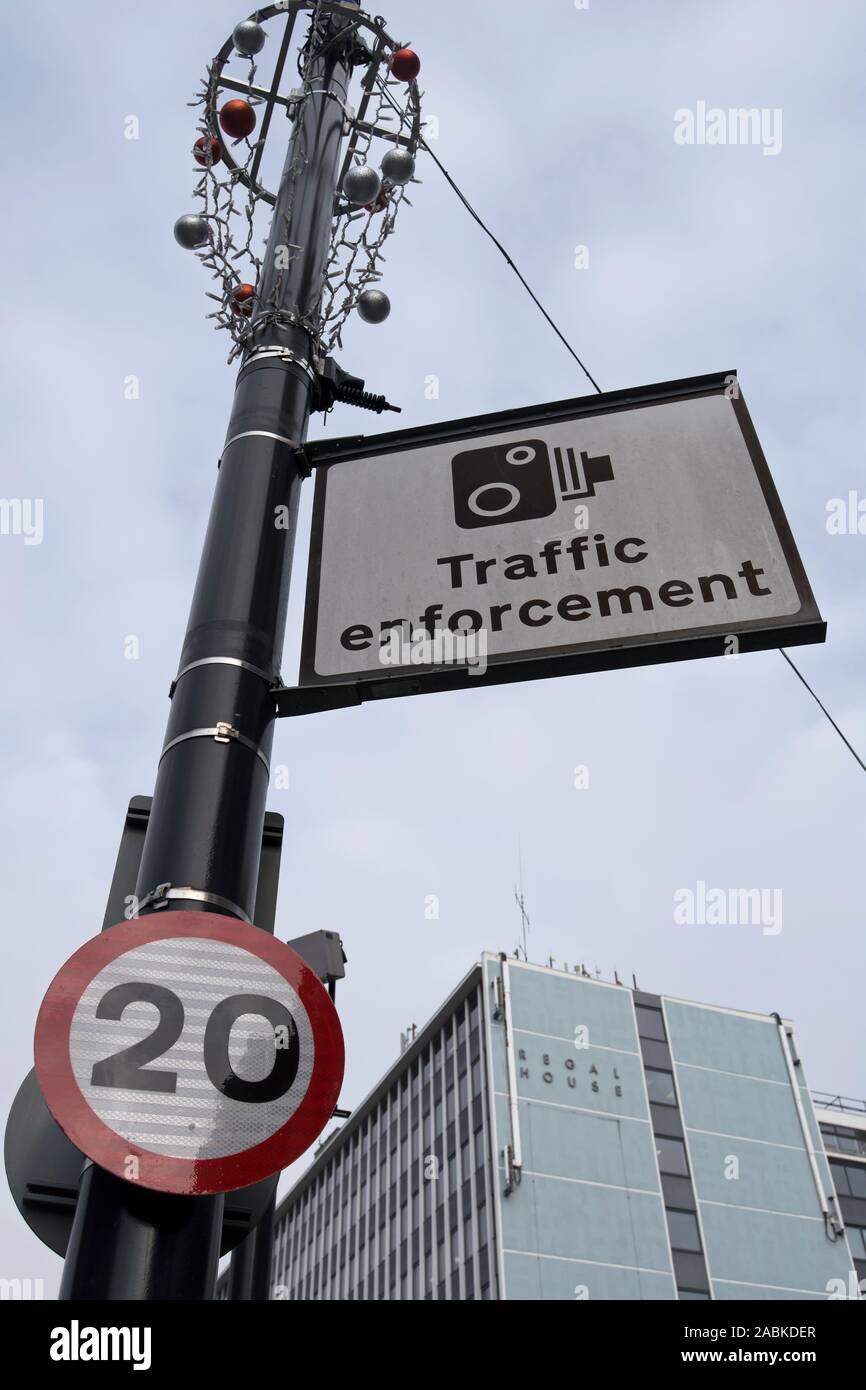 20mph speed limit and camera traffic enforcement signs in twickenham