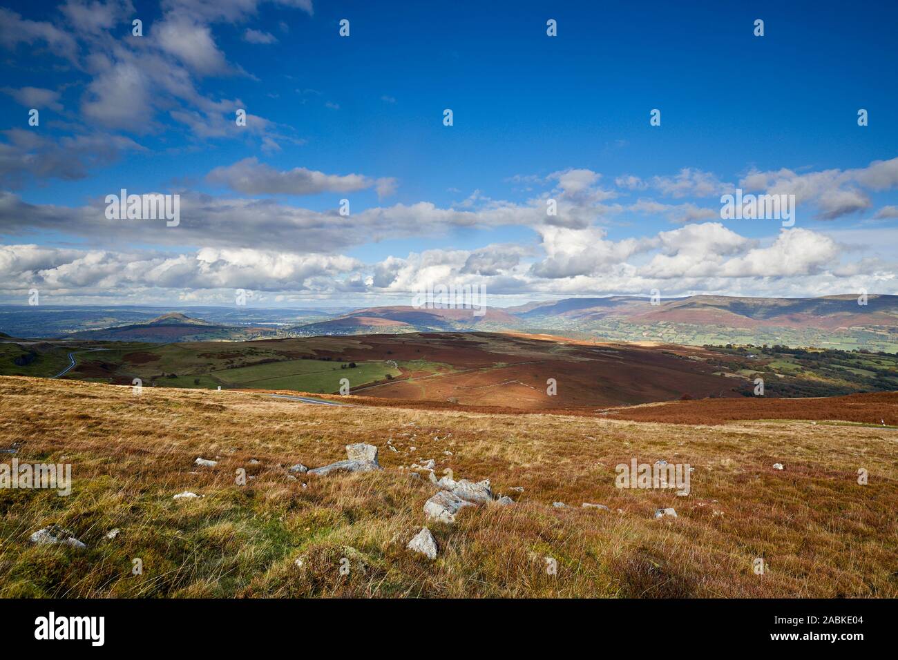 The spectacular view of the moorland of The Brecon Beacons National Park on a bright and sunny autumn day, Powys, Wales, Great Britain, UK Stock Photo