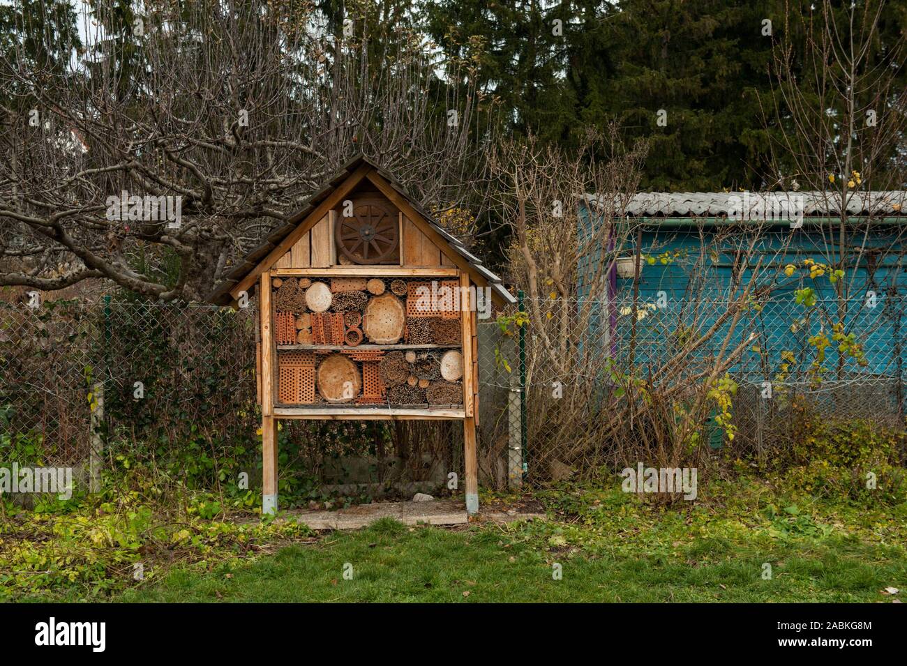 An insect hotel in a garden of the allotment garden at Luitpoldpark in Munich. [automated translation] Stock Photo