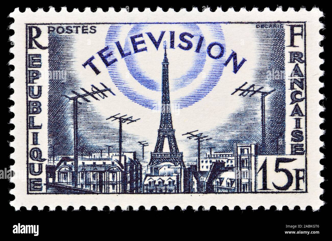 French postage stamp (1955) : Television / Eiffel Tower Stock Photo