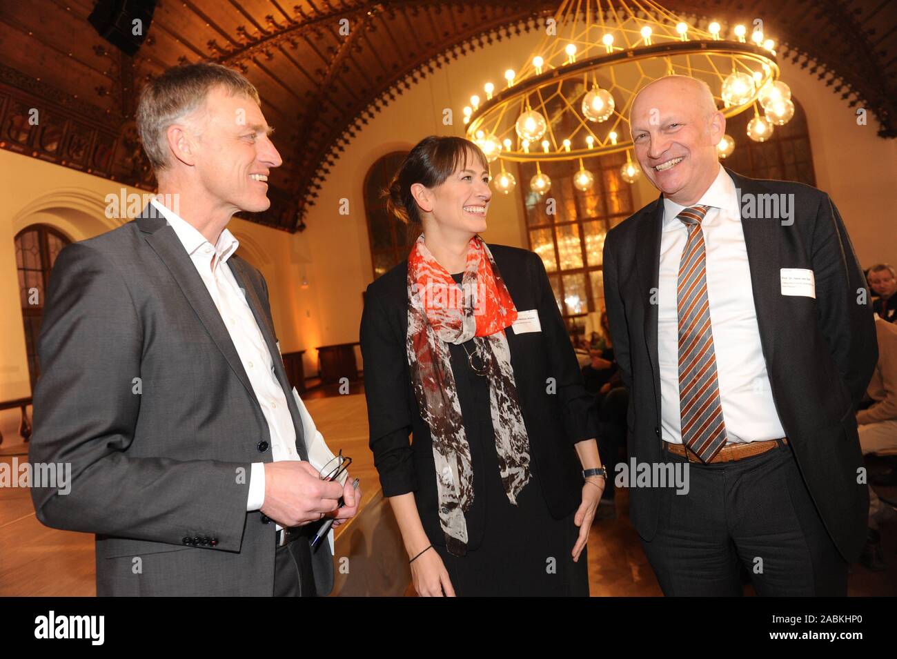 Reception of the City of Munich for 'International Guest Researchers' in the hall of the Old Town Hall. In the picture (from left to right) host Kurt Kapp, acting head of the economic department in conversation with the Spaniard Dr. Celia Martinez-Jimenez from the Helmholtz Centre and Prof. Dr. Hans van Ess, Vice President of the Ludwig-Maximilians-University (LMU). [automated translation] Stock Photo