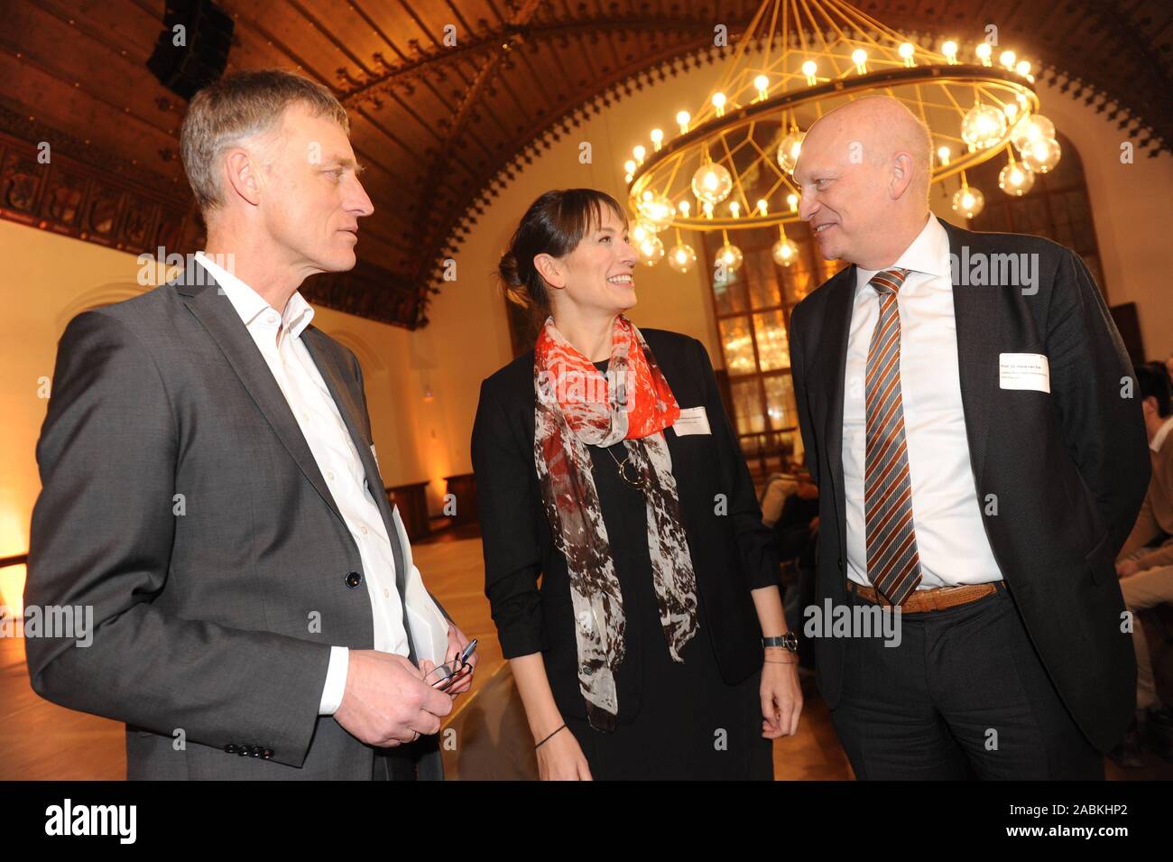 Reception of the City of Munich for 'International Guest Researchers' in the hall of the Old Town Hall. In the picture (from left to right) host Kurt Kapp, acting head of the economic department in conversation with the Spaniard Dr. Celia Martinez-Jimenez from the Helmholtz Centre and Prof. Dr. Hans van Ess, Vice President of the Ludwig-Maximilians-University (LMU). [automated translation] Stock Photo