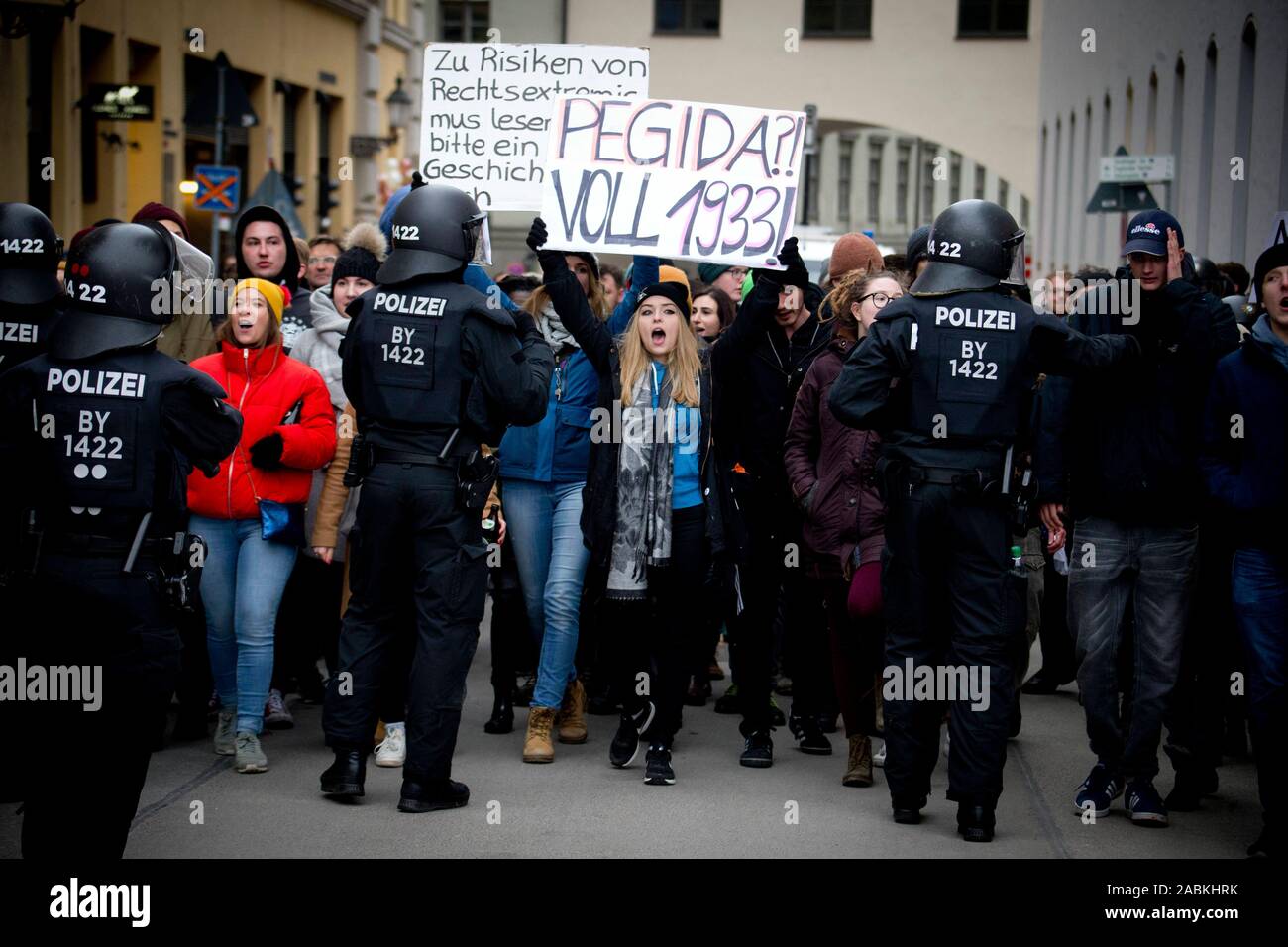 PEGIDA Demonstration and Counter Demonstration in Munich. [automated translation] Stock Photo