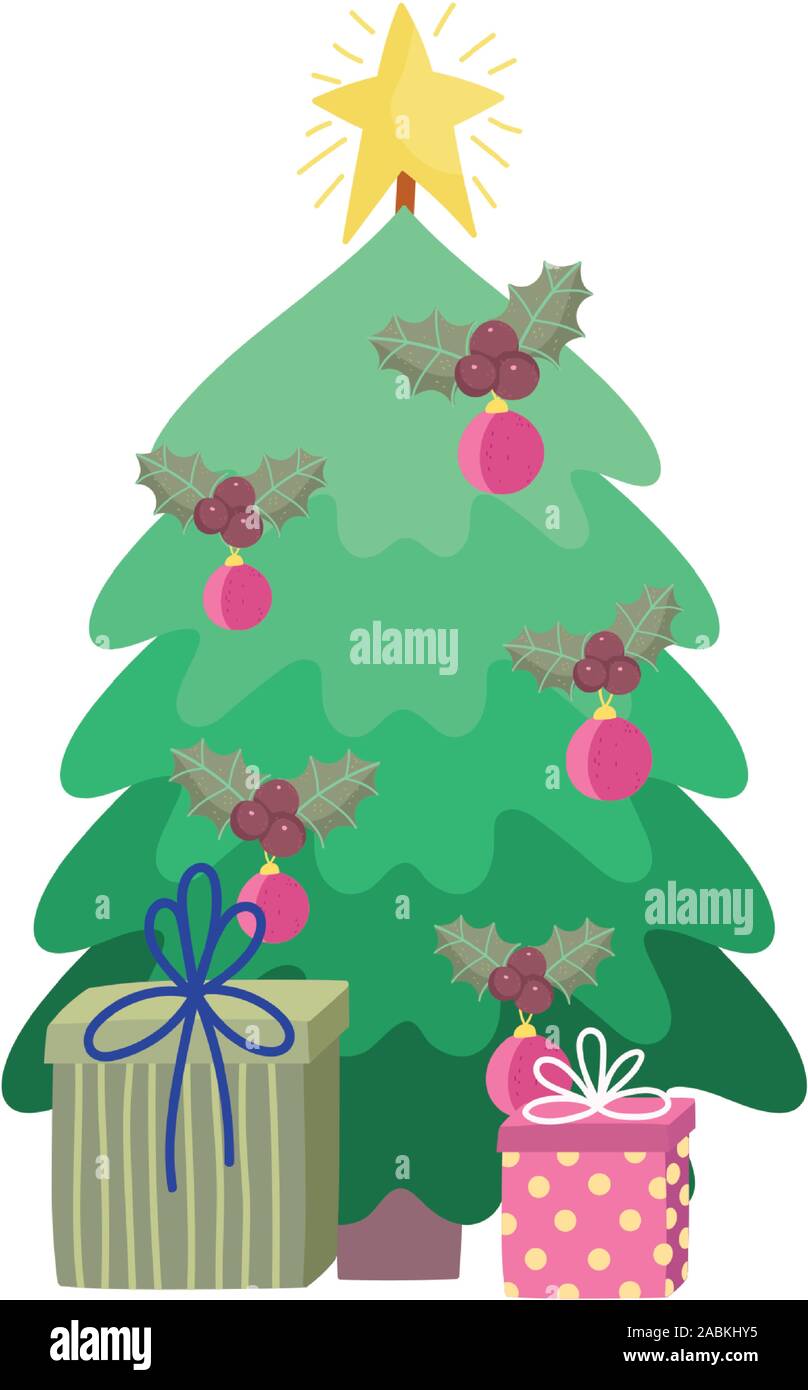 merry christmas decorative tree gifts star balls holly berry vector ...