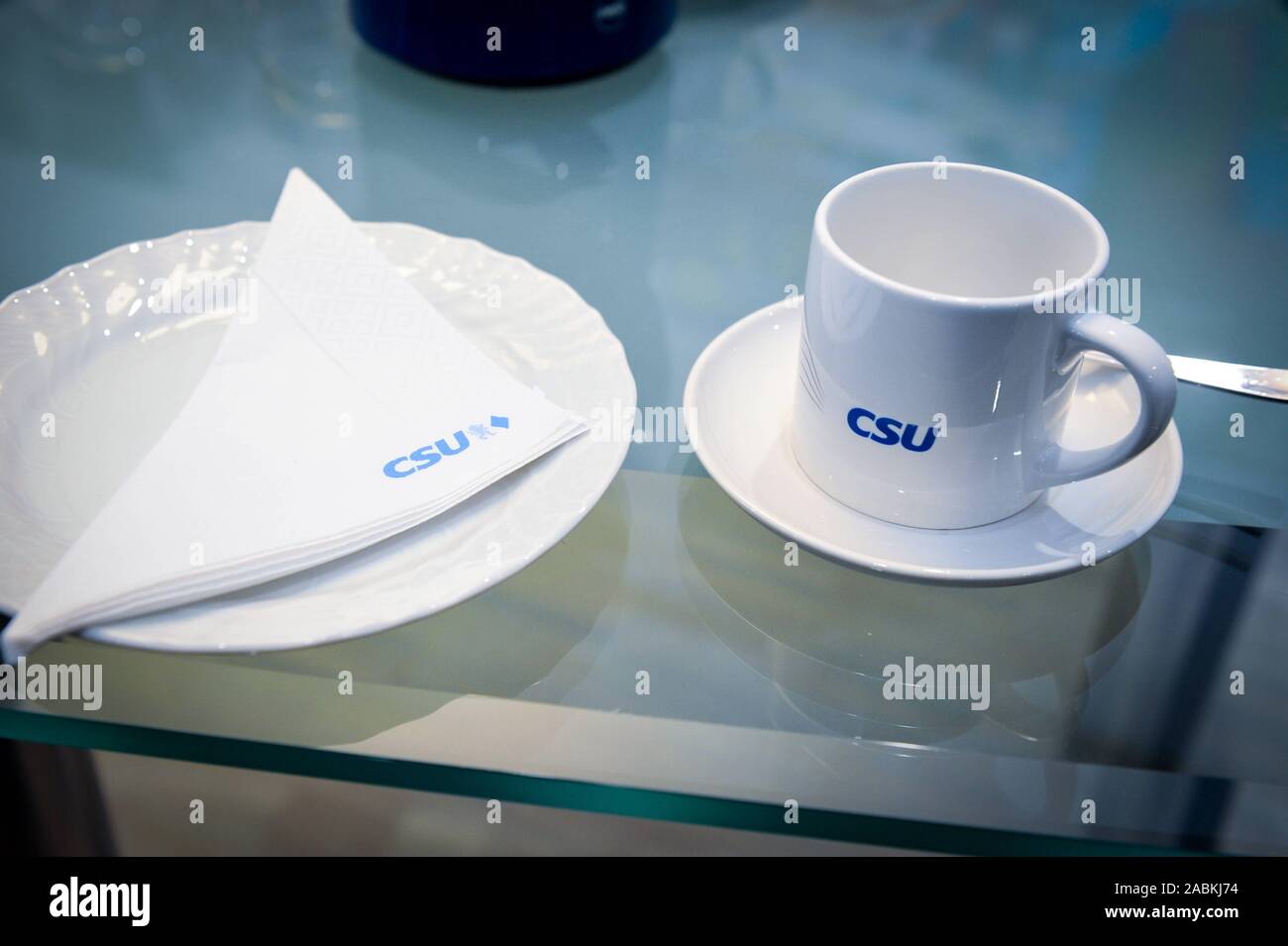 CSU tableware in the office of party leader and Bavarian Prime Minister Markus Söder in the CSU party headquarters at Mies van der Rohe Ring 1 in Munich. [automated translation] Stock Photo