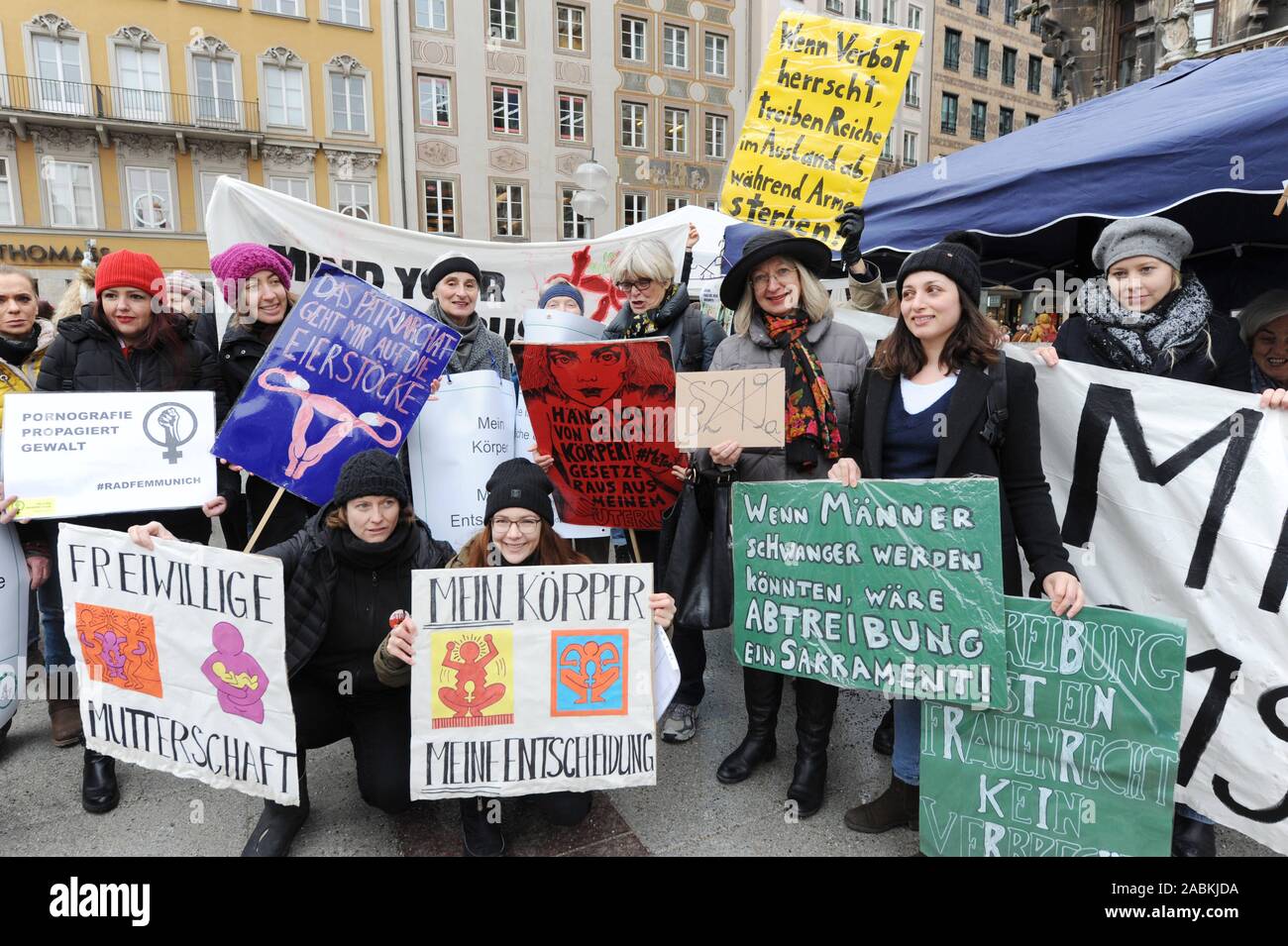 As part of a nationwide day of action, women demonstrate on Munich's Marienplatz against paragraph 219a Stgb as well as for the right to be able to inform themselves about abortions in doctor's surgeries in a self-determined manner. [automated translation] Stock Photo