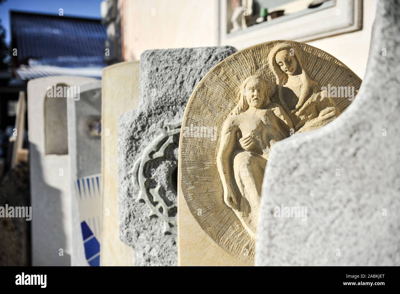 A collection of gravestones of the stone sculptor Mario Valdini in Munich. [automated translation] Stock Photo