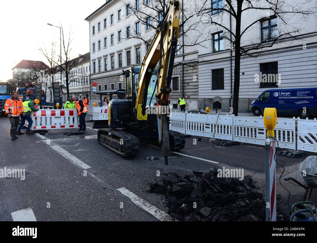 Road damage on Prinzregentenstraße in Lehel. Due to a cavity, part of the road surface broke open and lanes had to be closed to traffic. [automated translation] Stock Photo