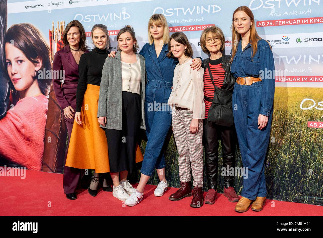 (l-r) The actors Nina Kronjäger, Lili Epply, Amber Bonnard, Hanna Binke, Luna Paiano, Cornelia Froboess, Sabin Tambrea, Marvin Linke from the film 'Ostwind - Aris Ankunft' pose on the red carpet with director Theresa von Eltz on Sunday, February 18, 2019 in Equilaland in Munich (Upper Bavaria). [automated translation] Stock Photo