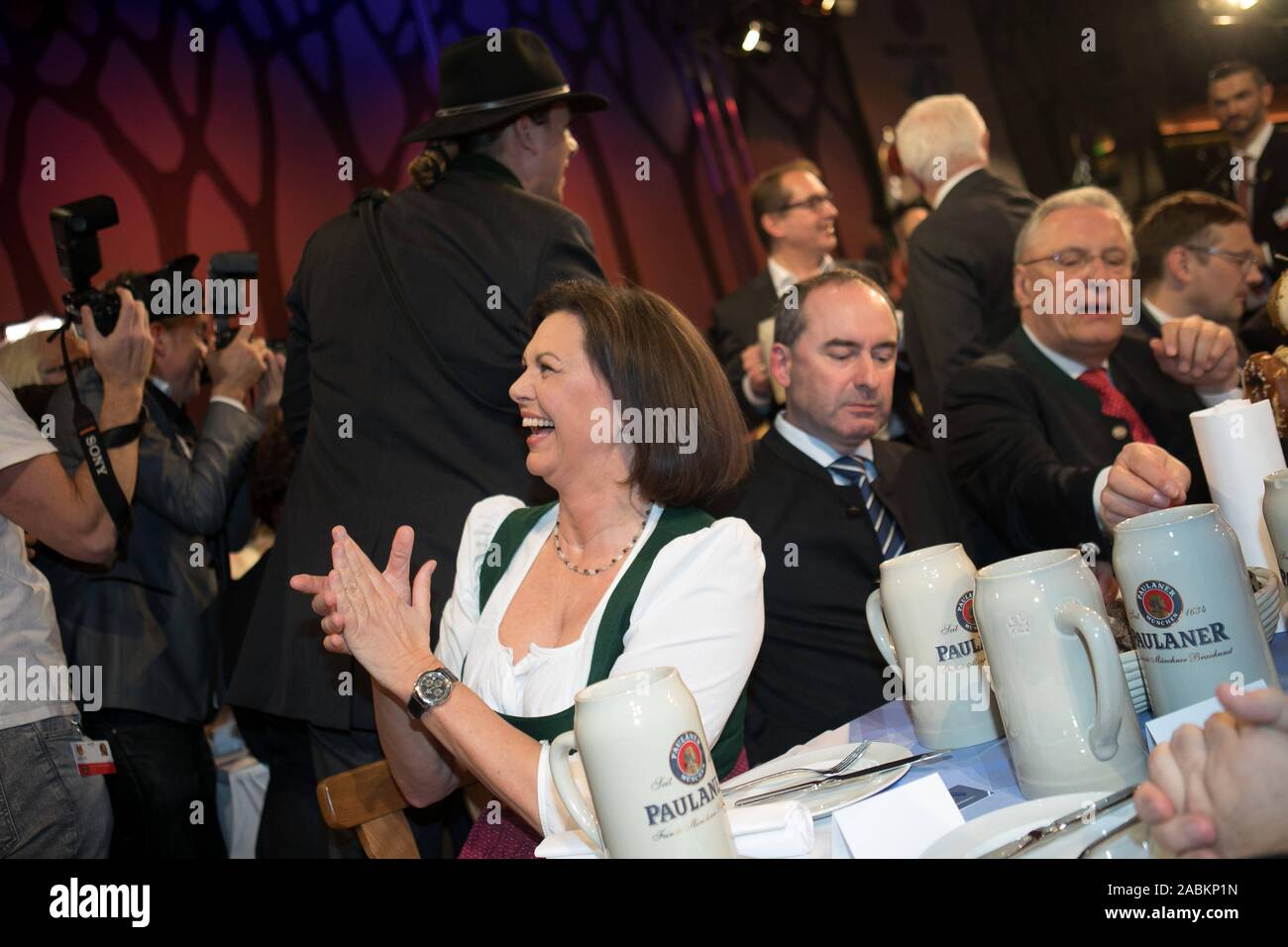 From left to right: Politicians Ilse Aigner, Hubert Aiwanger and Joachim  Herrmann at the traditional strong beer tasting at Nockherberg in Munich.  [automated translation] Stock Photo - Alamy