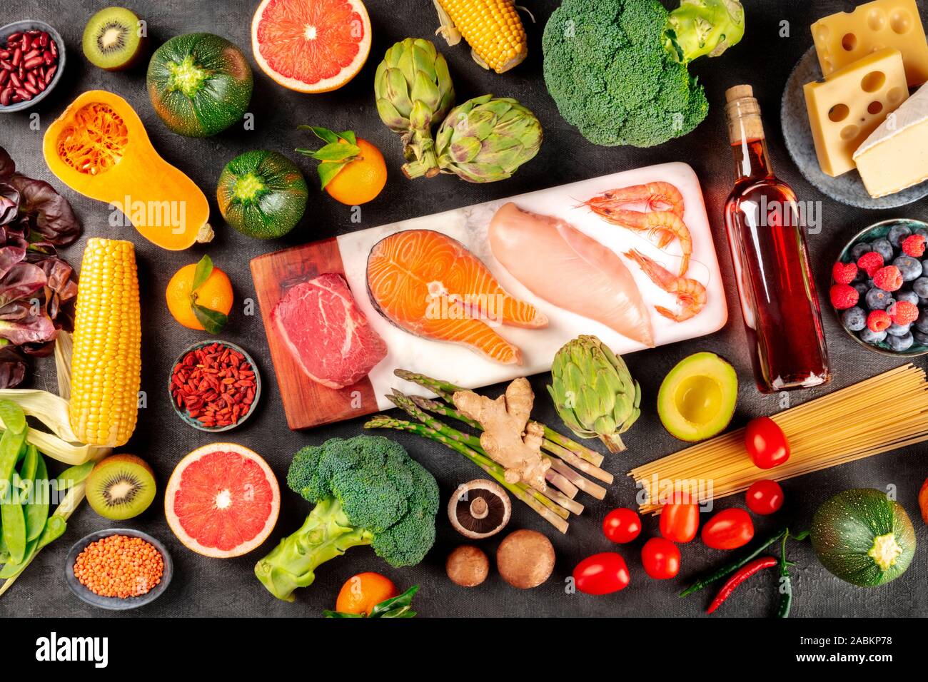 Food Meat Fish Chicken And Shrimps Vegetables And Fruits Legumes Wine Pasta Cheese Mushrooms A Variety Of Products For A Healthy Diet Stock Photo Alamy