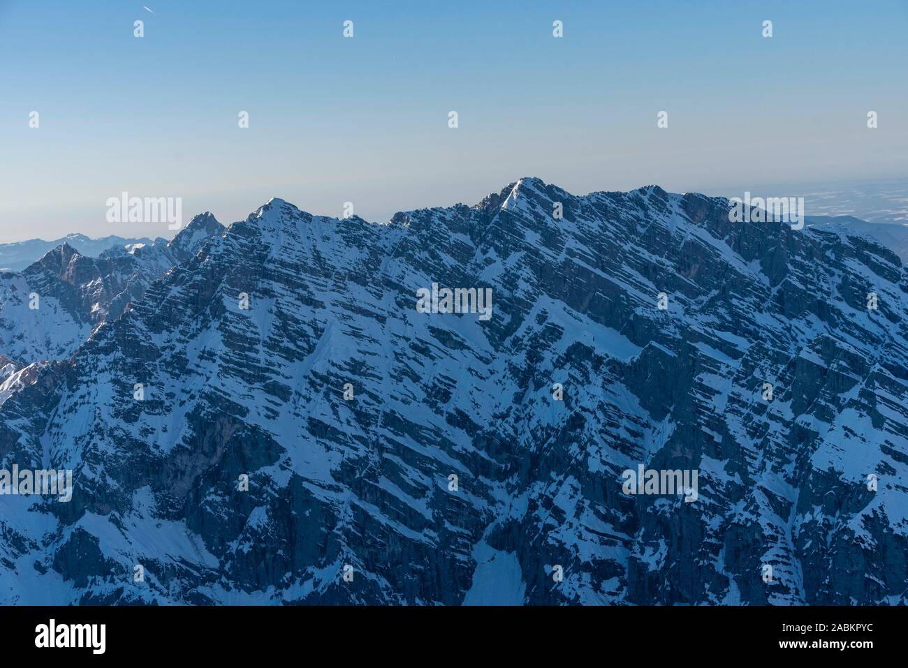An aerial photo shows the Watzmann east wall (Upper Bavaria) at midweek, 27 February 2019. [automated translation] Stock Photo