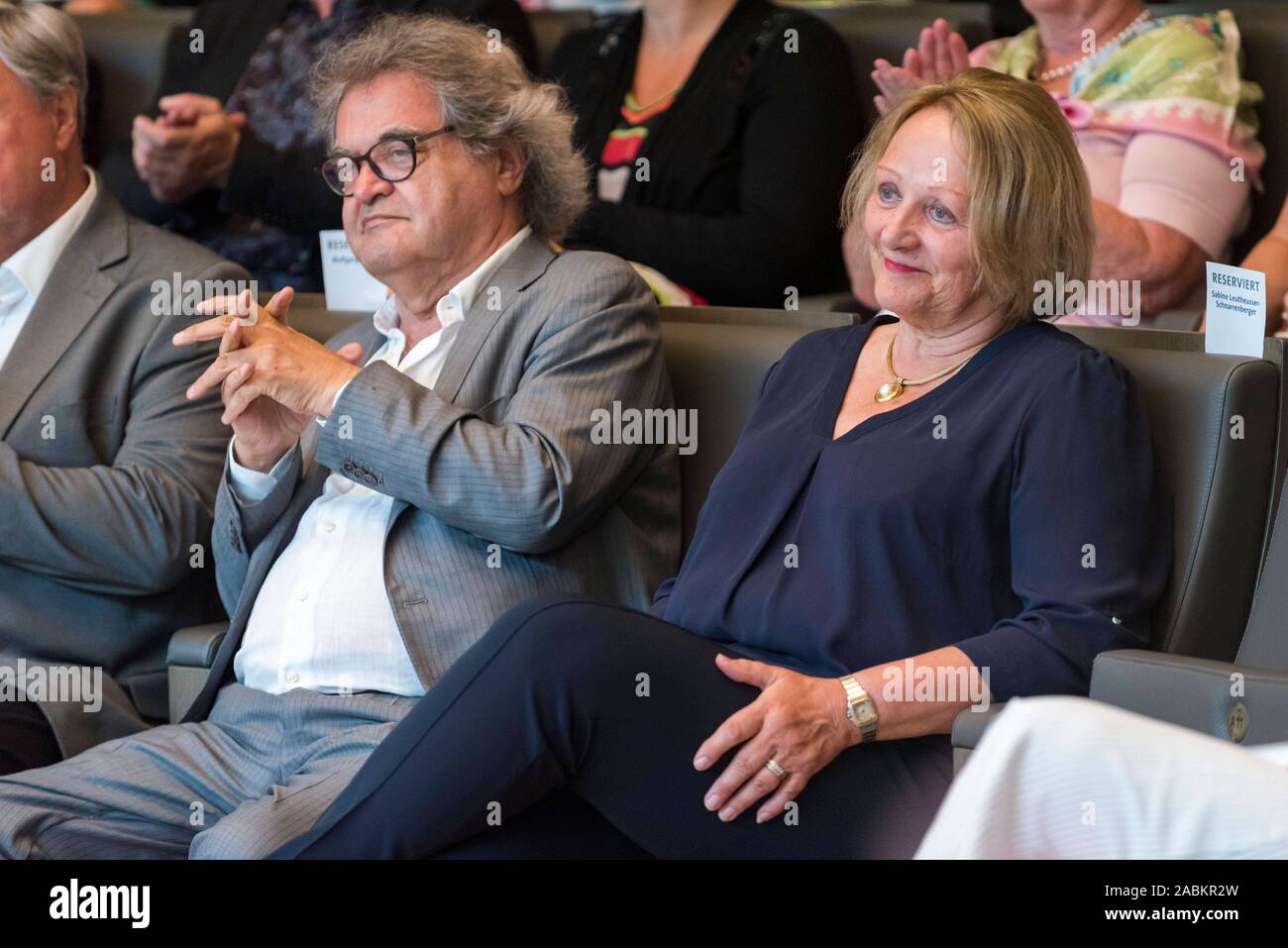 Sabine Leutheusser-Schnarrenberger, former Federal Minister of Justice, sits next to Helmut Markwort in the new Irenensaal of the publishing house Wort und Bild in Baierbrunn. [automated translation] Stock Photo