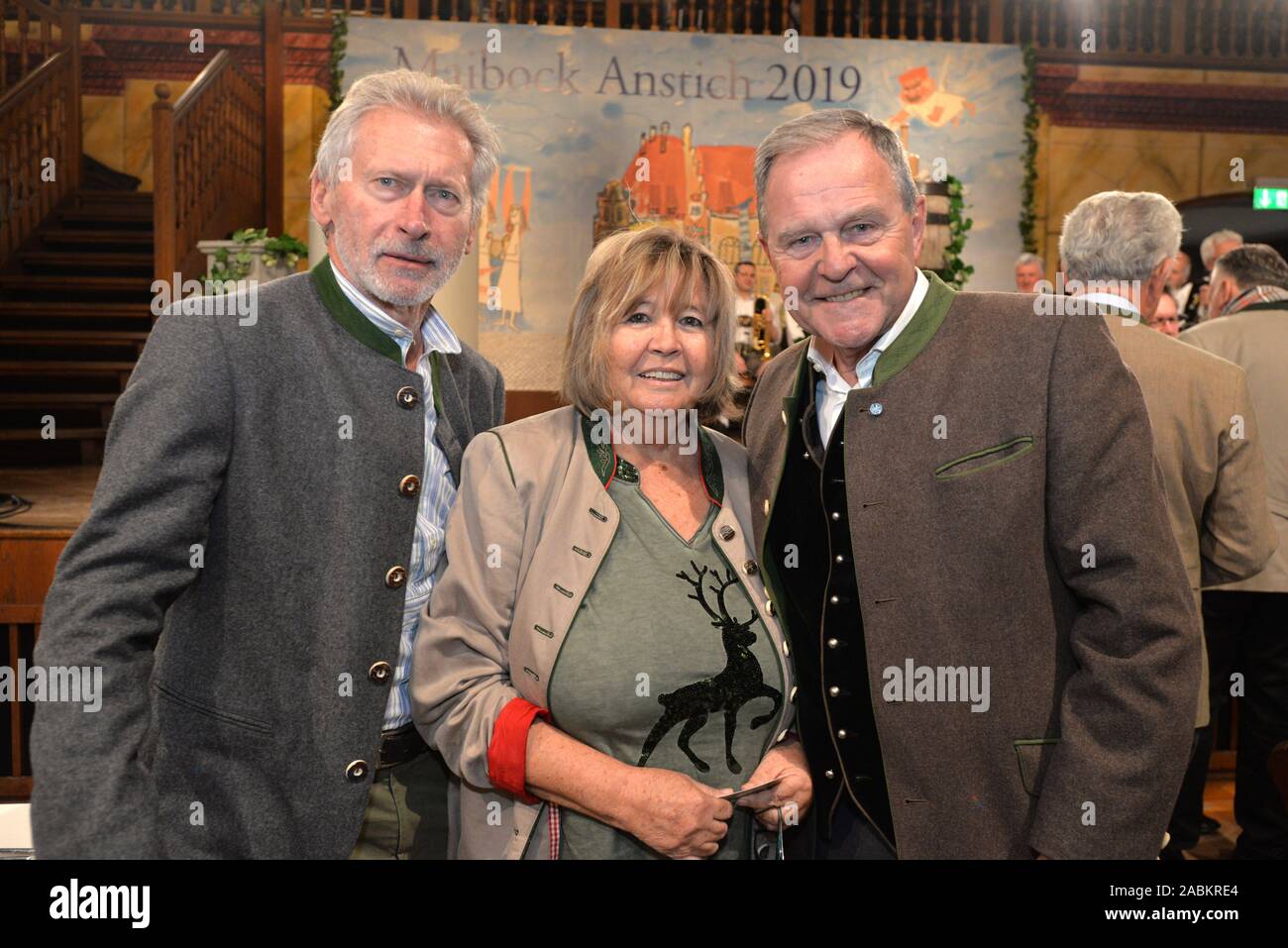 Paul Breitner (l.) with his wife Hildegard and Wolfgang Heubisch in the Munich Hofbräuhaus at the traditional Maibock tapping 2019 of the Staatliche Hofbräu Brewery. [automated translation] Stock Photo