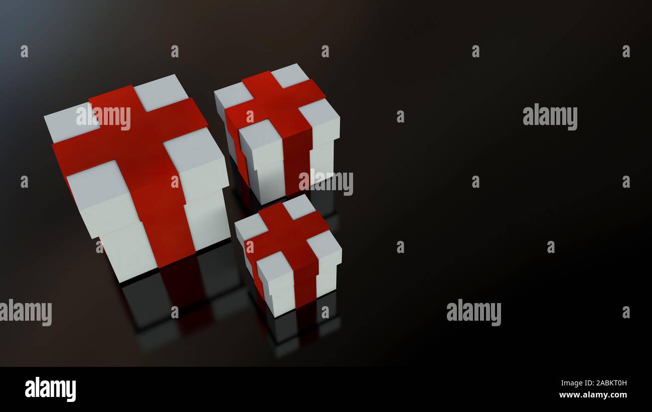White gift boxes with red ribbon bow isolated on black background. Copy ...