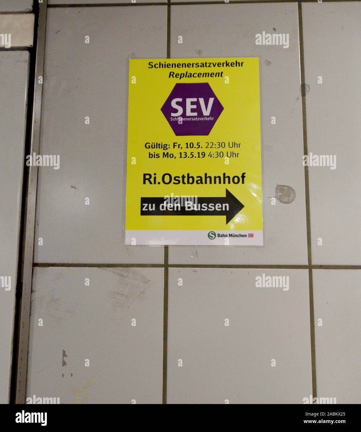 Renovation work on the underground S-Bahn station Rosenheimer Platz during a weekend with closed main line. The picture shows a sign indicating the changes in the operating procedure and the rail replacement service. [automated translation] Stock Photo