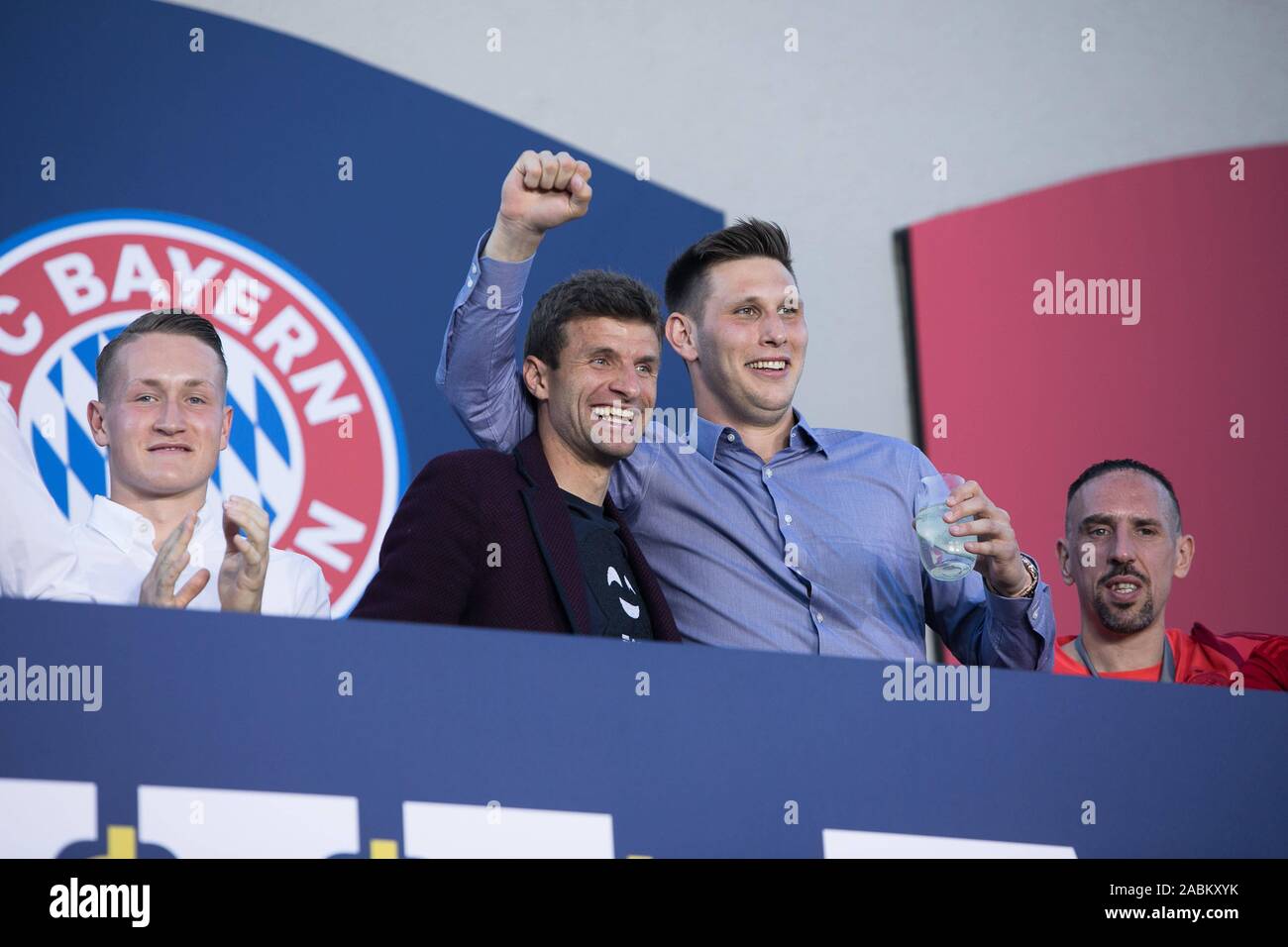 FC Bayern Munich celebrates winning the seventh German Football Championship in a row with a fan party in Paulaner am Nockherberg. In the picture Thomas Müller (2nd from left) with Niklas Süle (2nd from right) and Franck Ribery (right). [automated translation] Stock Photo