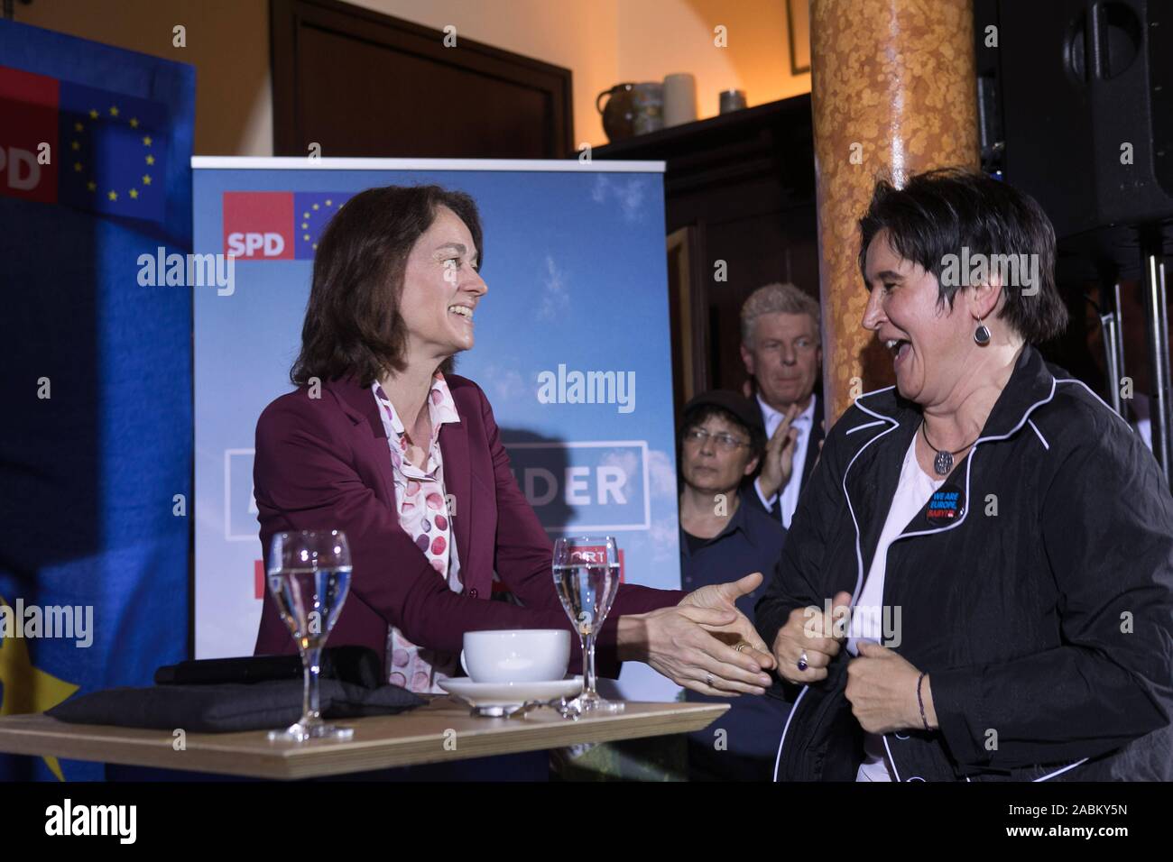 Top candidate Katarina Barley speaks at a campaign event of the SPD for the European elections 2019 in the Franziskaner in Munich. Maria Noichl, Member of the European Parliament, sits to her right and Dieter Reiter, Lord Mayor, stands in the background. [automated translation] Stock Photo