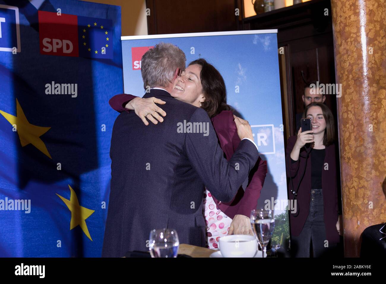 Top candidate Katarina Barley is embraced by Lord Mayor Dieter Reiter at an SPD election campaign event for the 2019 European elections in the Franziskaner in Munich. [automated translation] Stock Photo