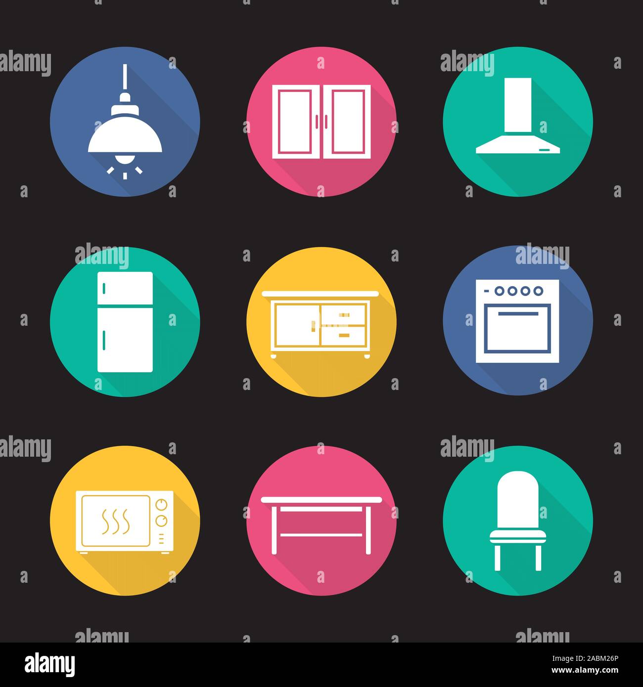 Kitchen interior flat design long shadow icons set. Ceiling lamp, cabinet, range hood, fridge, kitchen counter, stove, microwave oven, classic table a Stock Vector