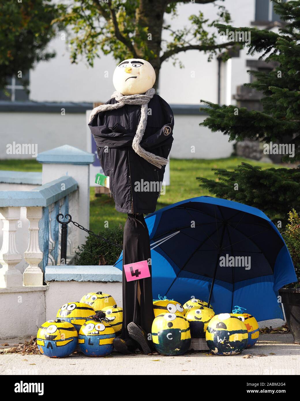 Felonious Gru from Despicable Me with his minions in halloween scarecrow exhibit in New Inn, Tipperary, Ireland Stock Photo