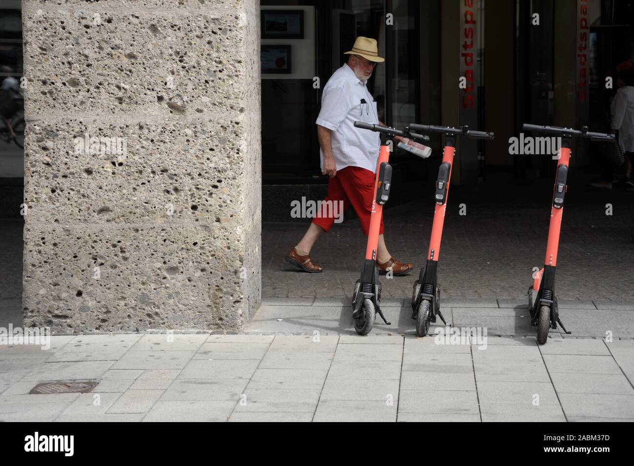 Electric scooters of the provider Circ parked on a sidewalk in Munich. [automated translation] Stock Photo