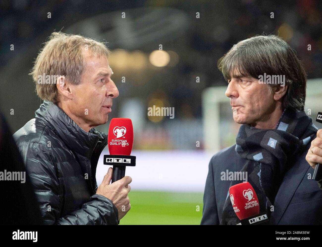 Frankfurt, Deutschland. 19th Nov, 2019. Coach/Coach Joachim LOEW (Lv? w,  Jogi, GER) with Juergen KLINSMANN l. (Jvºrgen), Germany, former football  player, coach Hertha BSC Berlin, TV expert interview, Football Laender  match, European