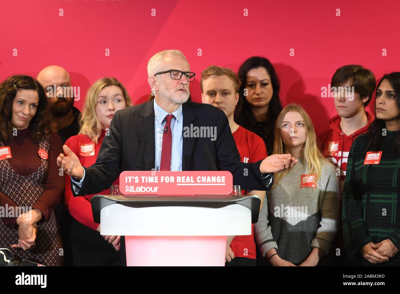 Labour leader Jeremy Corbyn, surrounded by young climate change activists, makes a speech setting out the party's environment policies at Southampton Football Club in Hampshire, while on the General Election campaign trail. Stock Photo