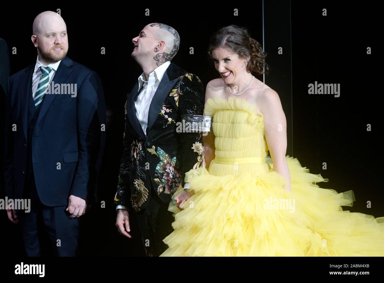 The actors Eric Jurenas, Franco Fagioli and Elsa Benoit (from left to right) at the final applause during the premiere of the baroque opera 'Agrippina' at the Prinzregententheater in Munich. [automated translation] Stock Photo